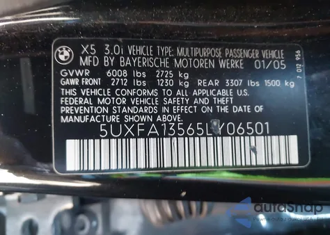 2005 BMW X5 3.0I z USA, uszkodzony, nr VIN 5UXFA13565LY06501